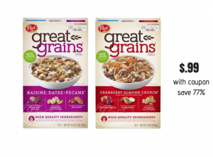 Post Great Grains Cereal Just $.99 after Coupon- Save 77% - Super Safeway