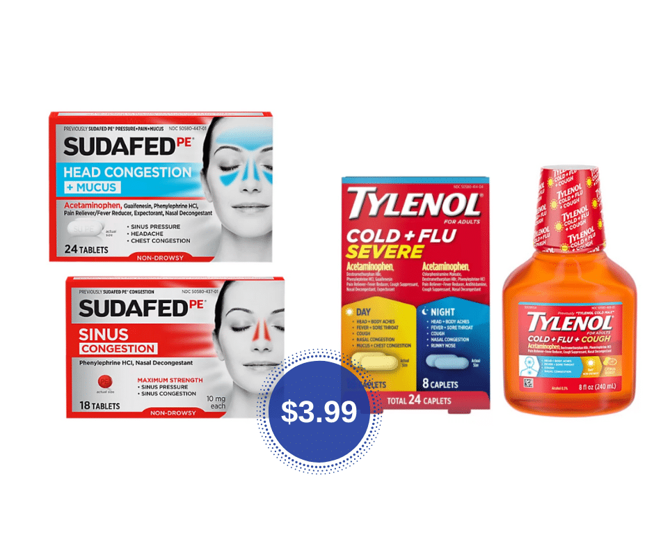 Sudafed Sinus And Tylenol Cold Flu Products Just 3 99 At Safeway 